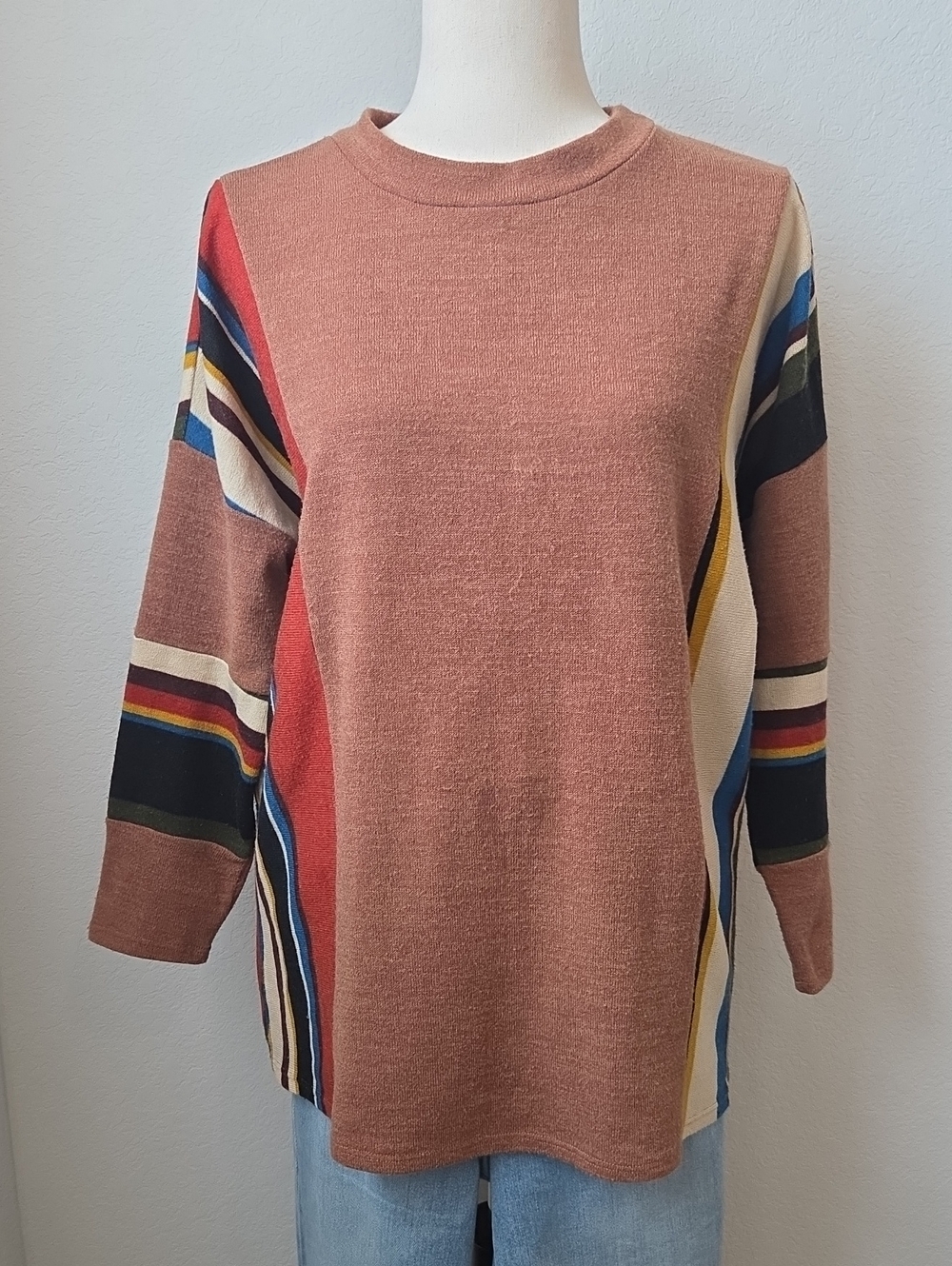 Hailey And CO Rust Striped Color Sleeve Long Sleeve Knit Sweater Medium Retro